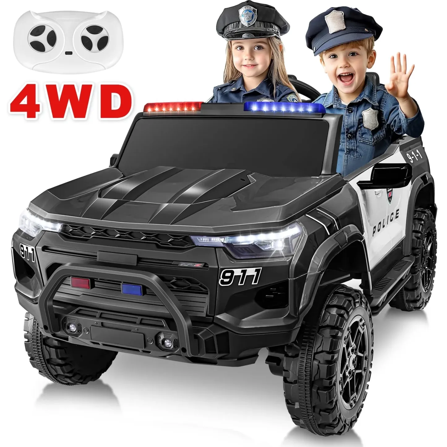 Funcid 24V 2-Seater Kids Ride on Police Car 4x4 Ride on Toys W/ Remote Control Battery Powered Ride on Electric Truck Car