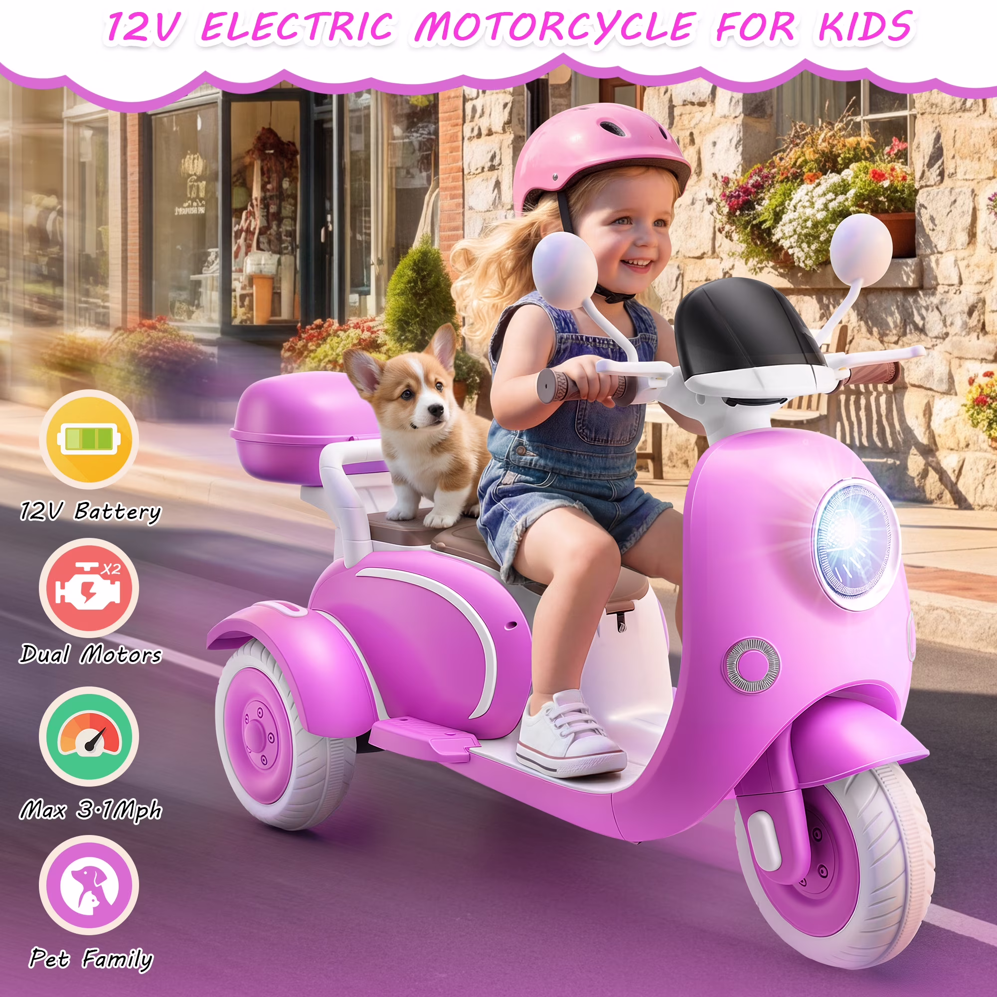 Funcid 12V Ride on Motorcycle with 3 Wheels
