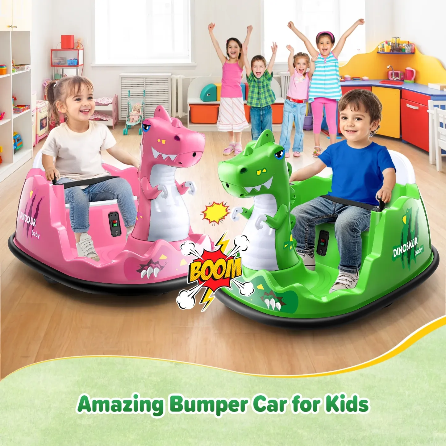 Funcid 12V Dinosaur Bumper Car with Remote Control, 360° Spin Ride on Toy for Toddler, Kids Electric Car for Ages 2+