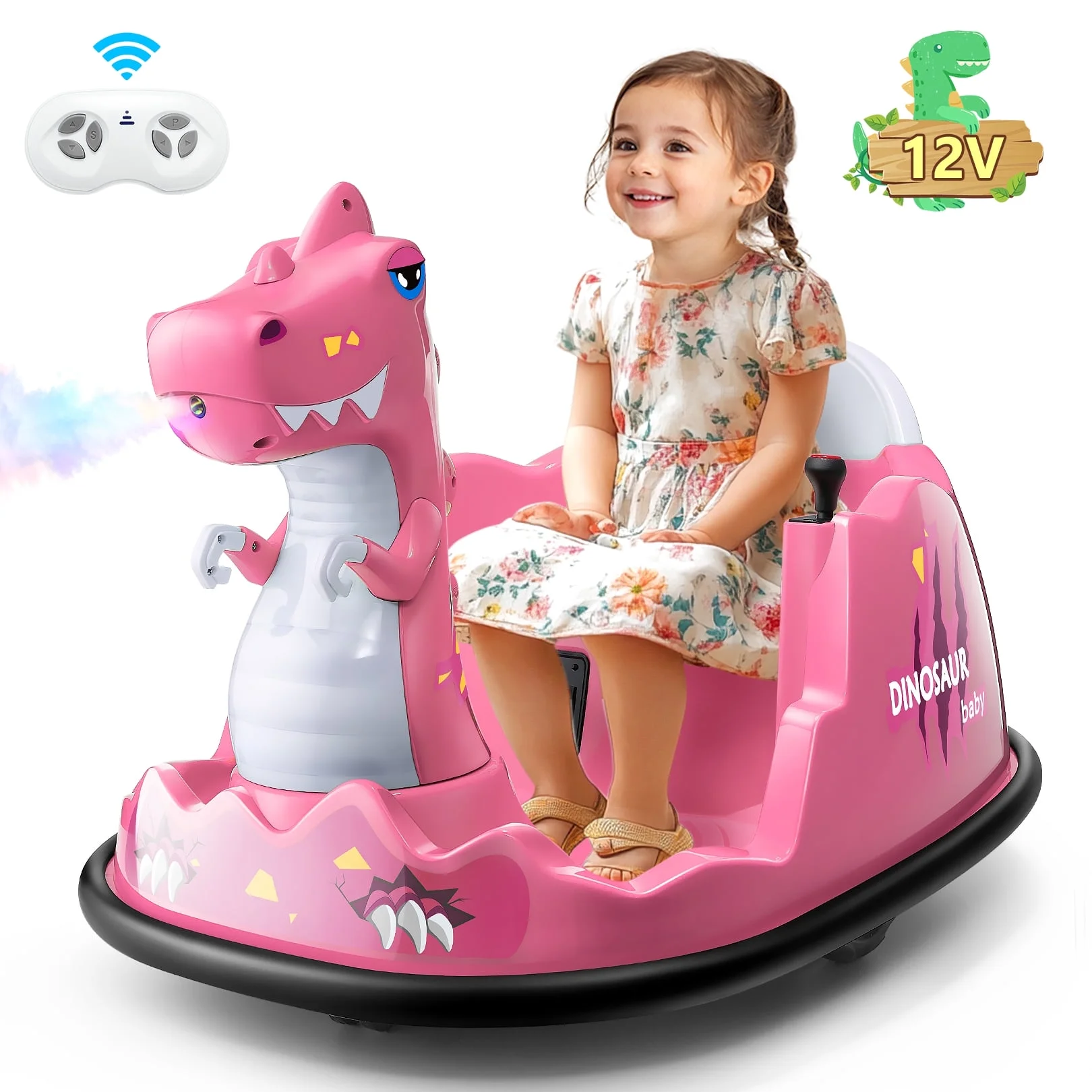 Funcid 12V Dinosaur Bumper Car with Remote Control, 360° Spin Ride on Toy for Toddler, Kids Electric Car for Ages 2+