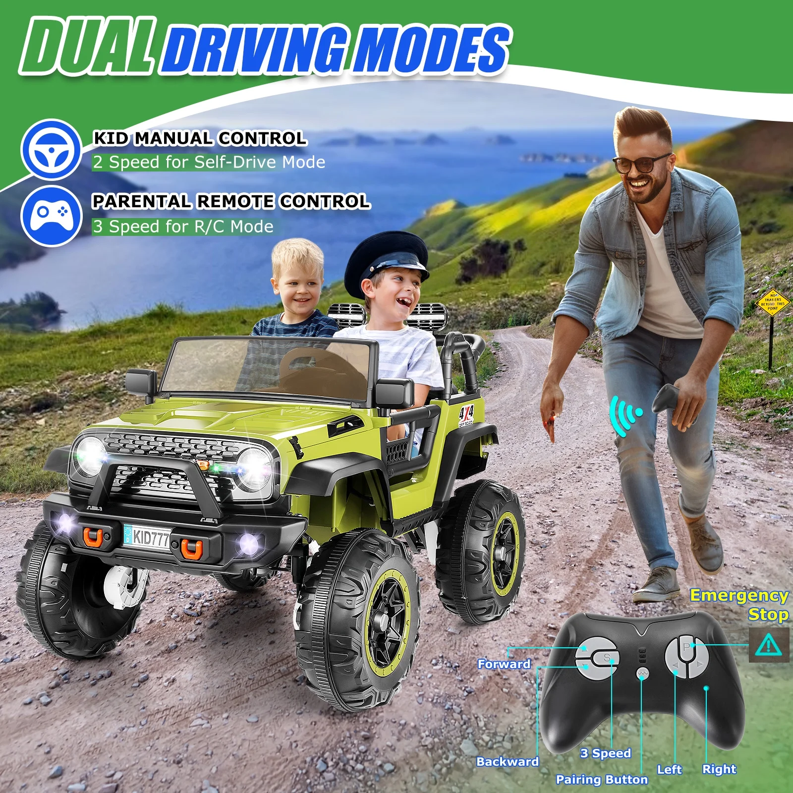 Funcid 24V 2-Seater Ride on Toys, 2WD/4WD Switchable Ride on