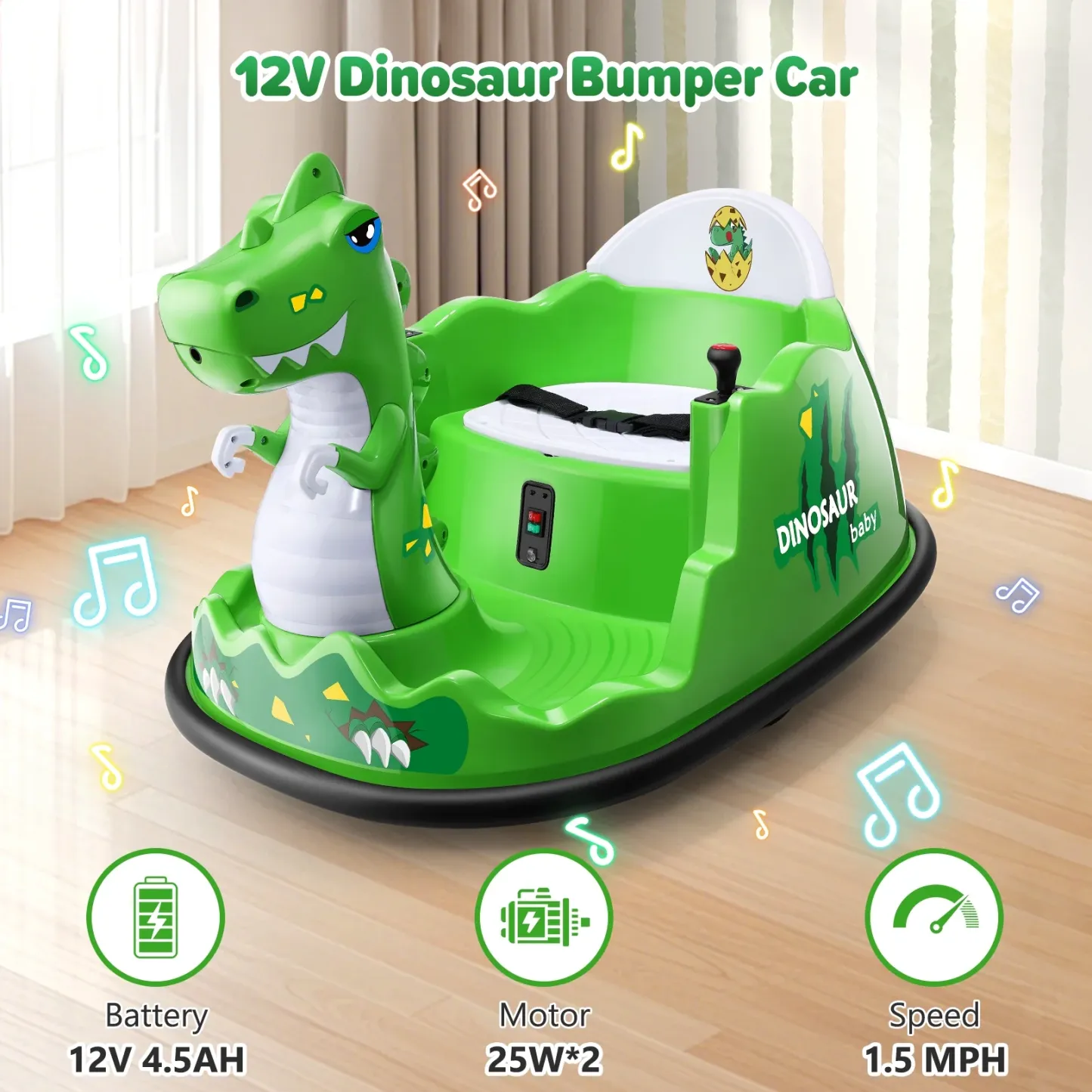 Funcid 12V Dinosaur Bumper Car with Remote Control, 360° Spin Ride on Toy for Toddler, Kids Electric Car for Ages 2+
