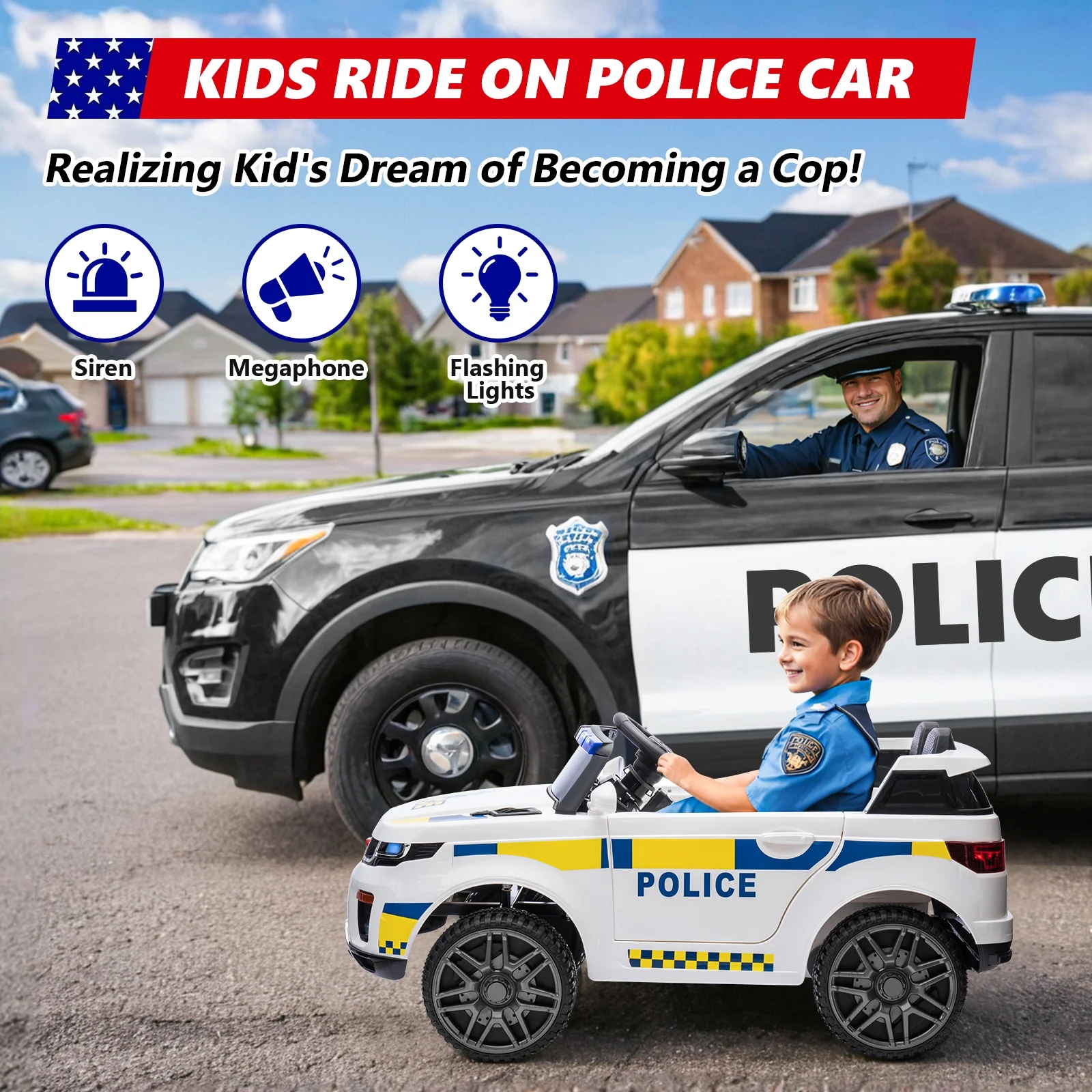 Funcid 12v Ride on Police Car Powered 2 Wheel Drive, Electric Ride on Toy for Kids 3-8 Years with Remote Control