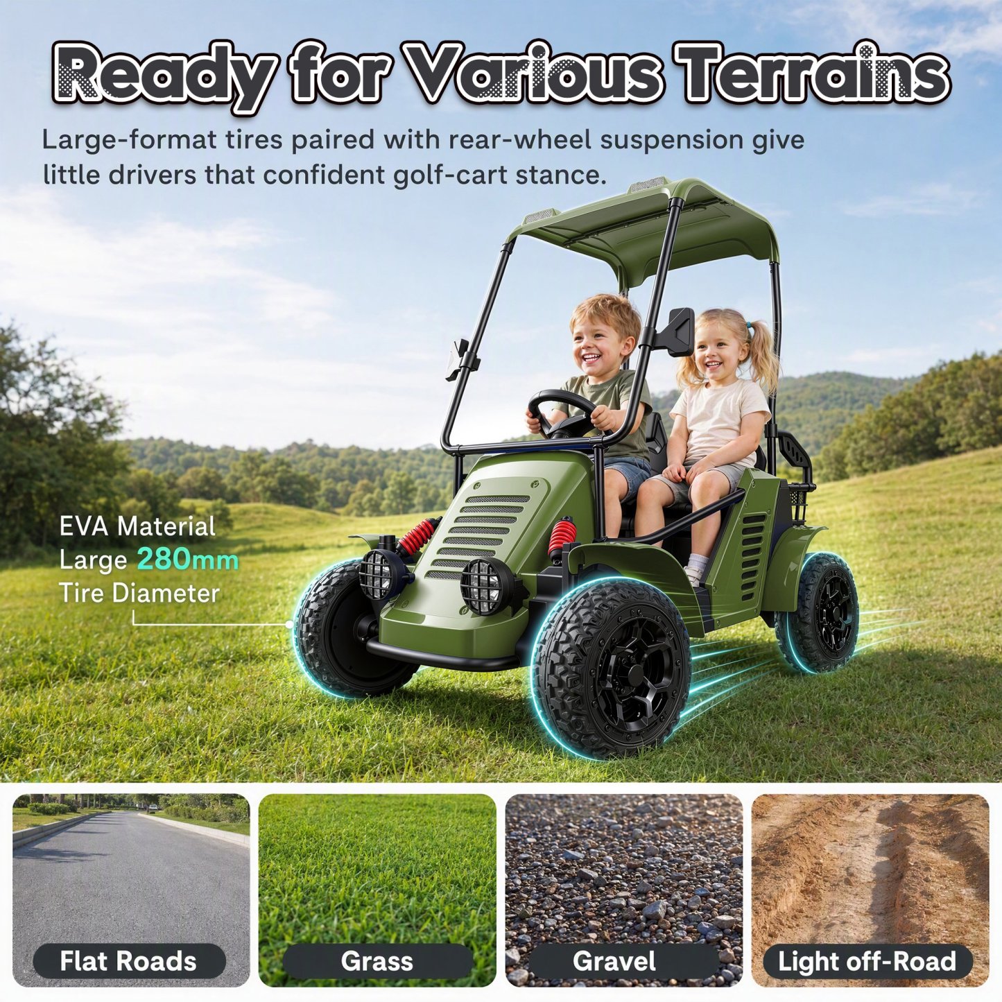 Funcid 36V Kids Golf Cart, 4WD 6.21 MPH 2 Seater Electric Cars with 7Ah Big Battery