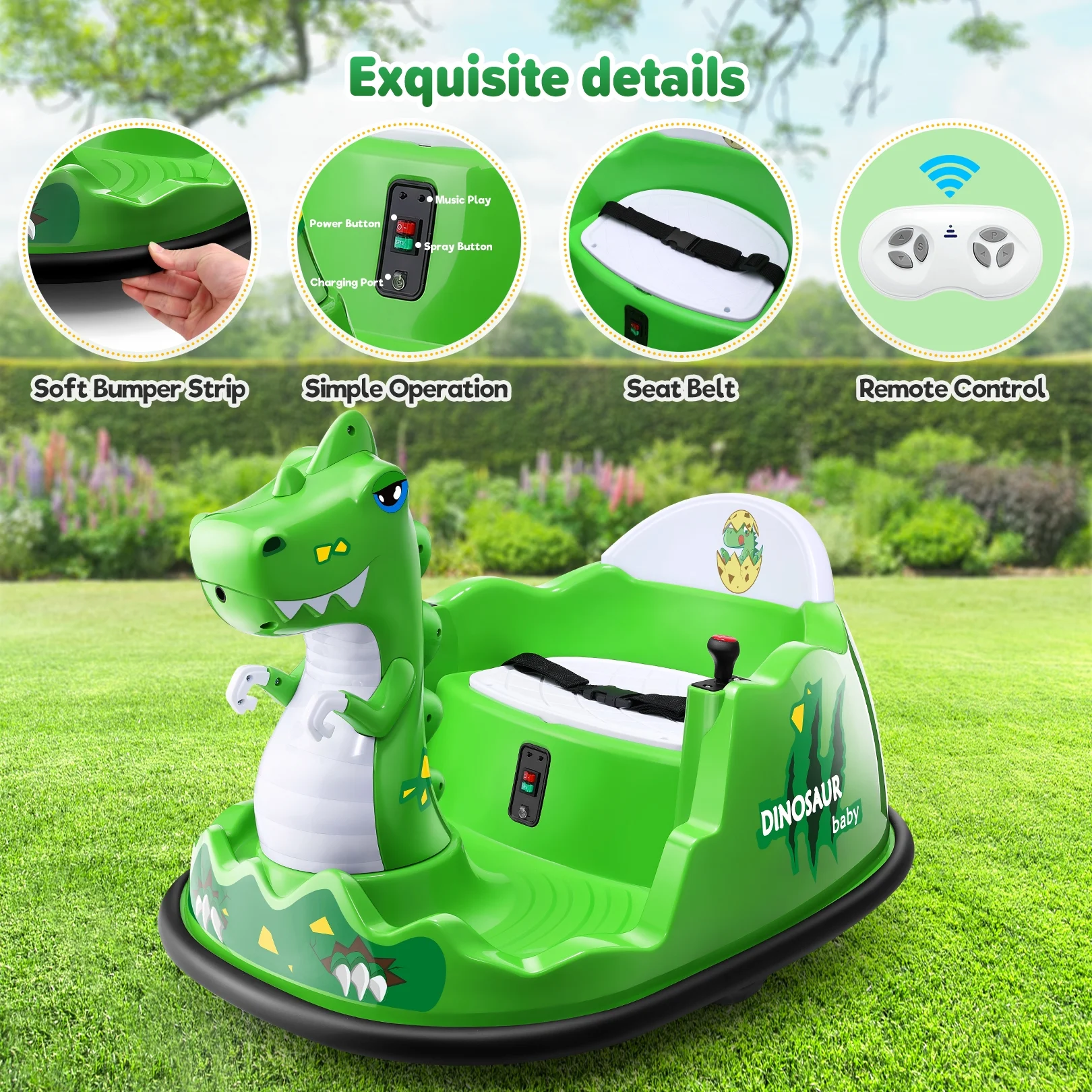 Funcid 12V Dinosaur Bumper Car with Remote Control, 360° Spin Ride on Toy for Toddler, Kids Electric Car for Ages 2+
