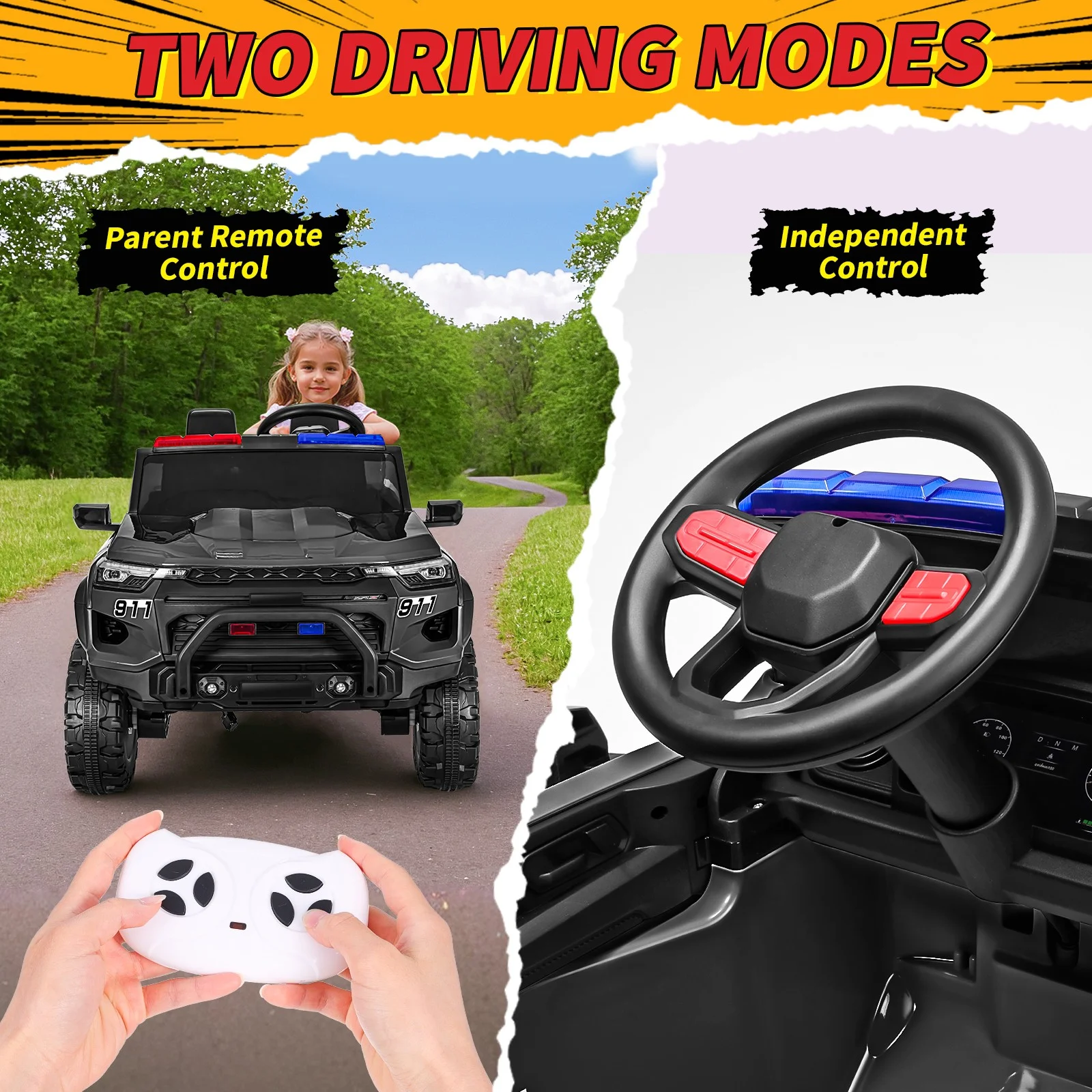 Funcid 24V 2-Seater Kids Ride on Police Car 4x4 Ride on Toys W/ Remote Control Battery Powered Ride on Electric Truck Car