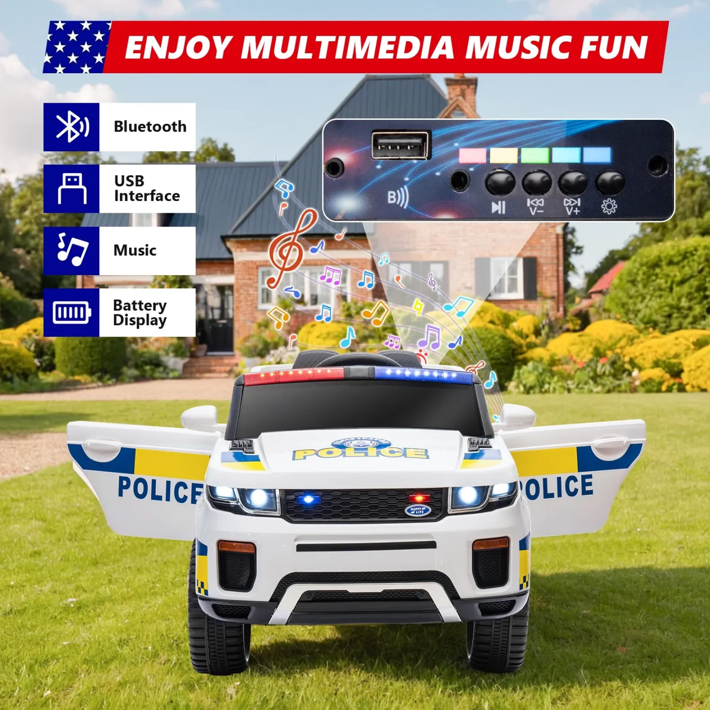 Funcid 12v Ride on Police Car Powered 2 Wheel Drive, Electric Ride on Toy for Kids 3-8 Years with Remote Control
