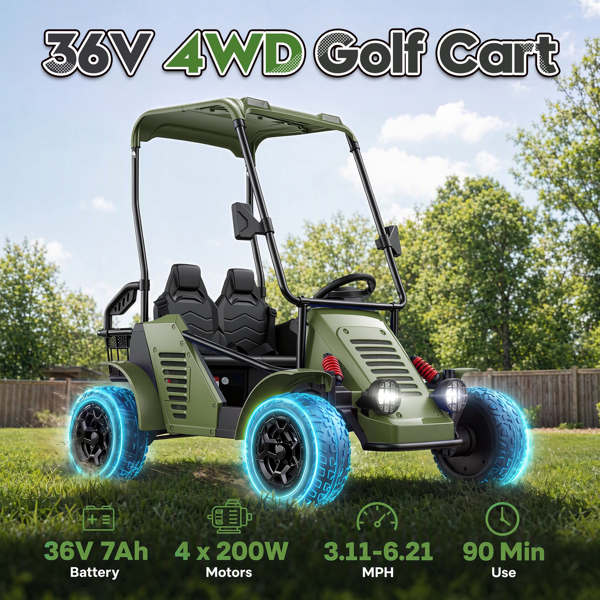 Funcid 36V Kids Golf Cart, 4WD 6.21 MPH 2 Seater Electric Cars with 7Ah Big Battery