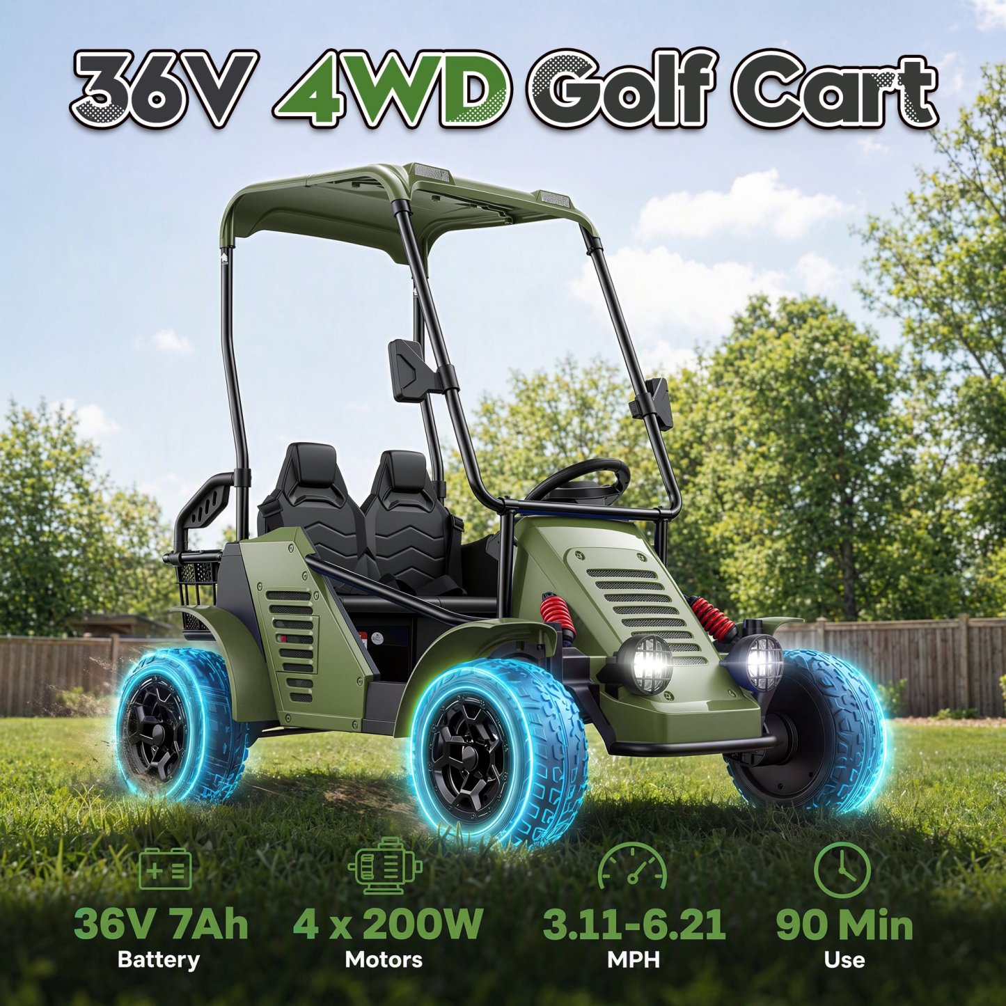 Funcid 36V Kids Golf Cart, 4WD 6.21 MPH 2 Seater Electric Cars with 7Ah Big Battery
