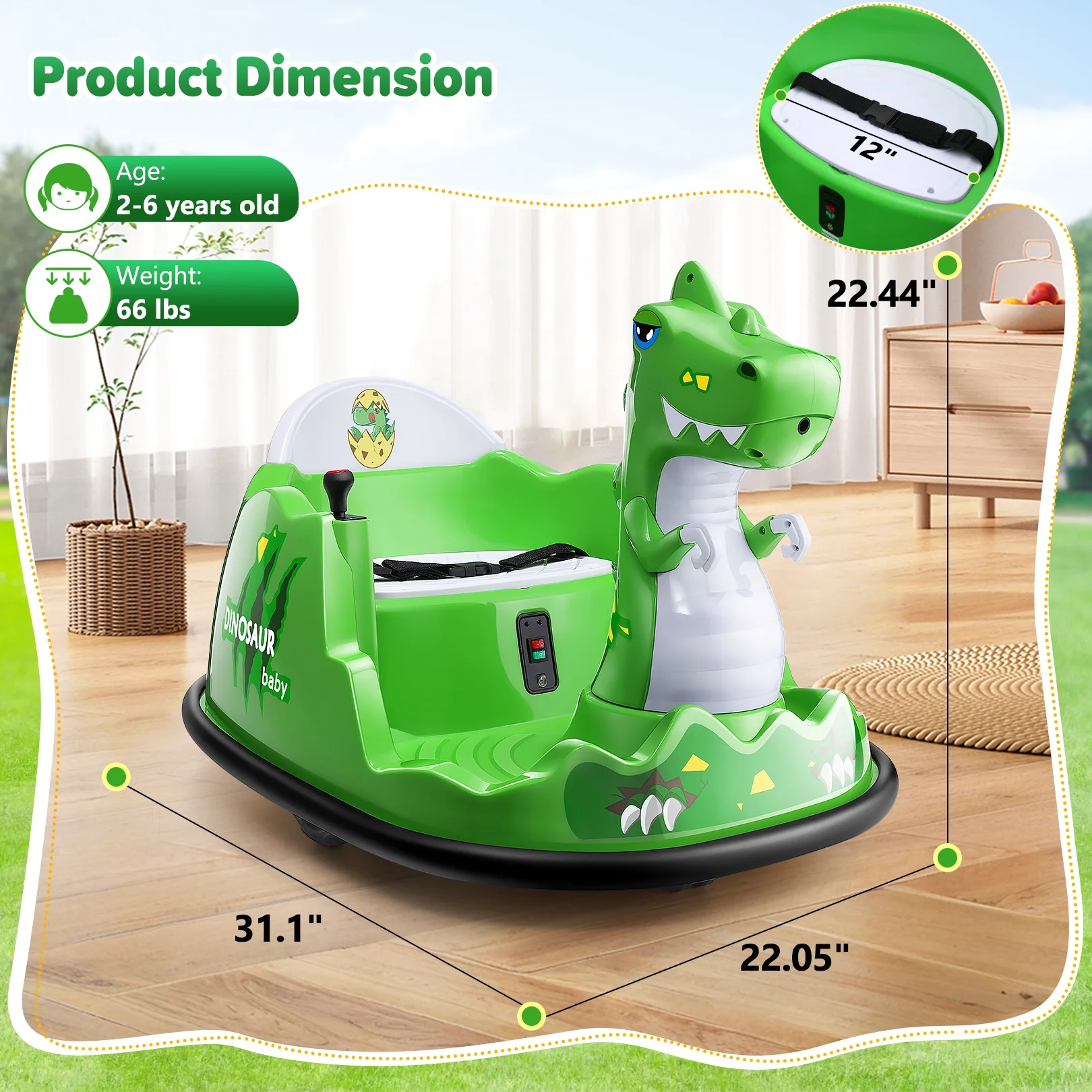 Funcid 12V Dinosaur Bumper Car with Remote Control, 360° Spin Ride on Toy for Toddler, Kids Electric Car for Ages 2+
