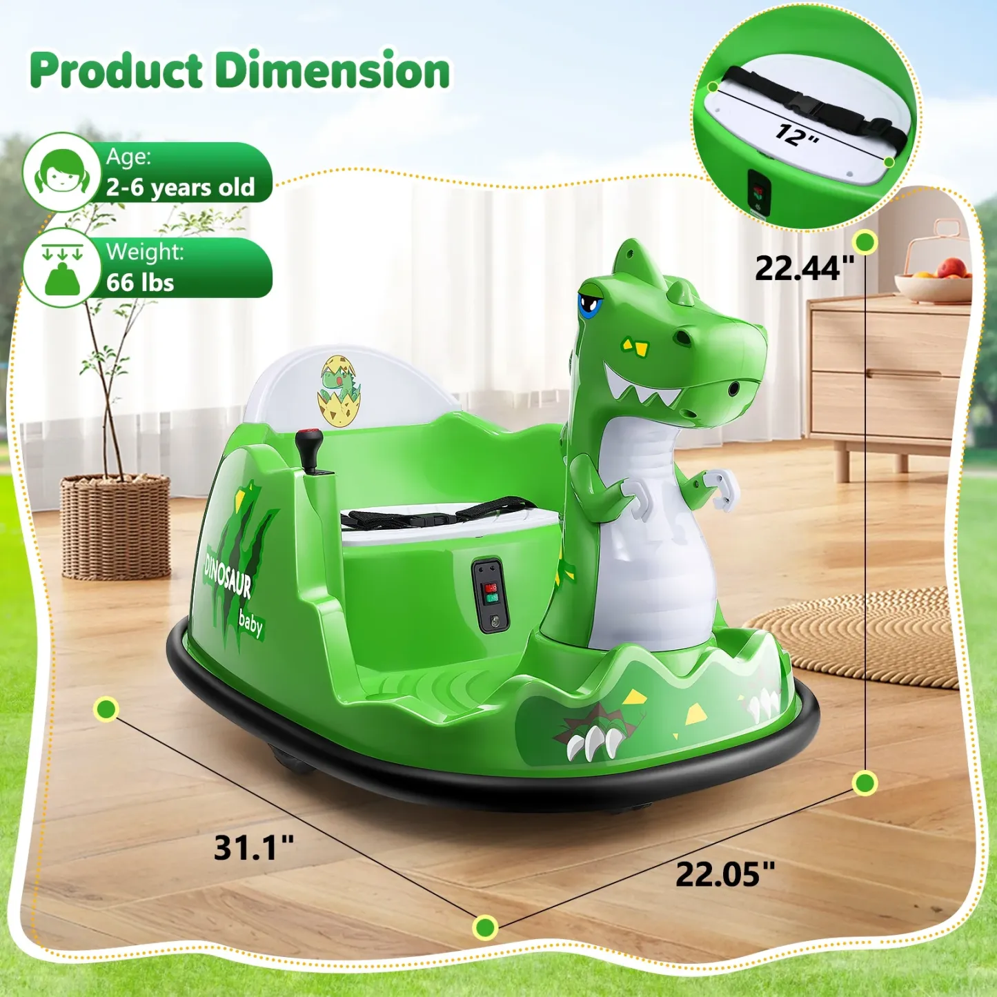 Funcid 12V Dinosaur Bumper Car with Remote Control, 360° Spin Ride on Toy for Toddler, Kids Electric Car for Ages 2+