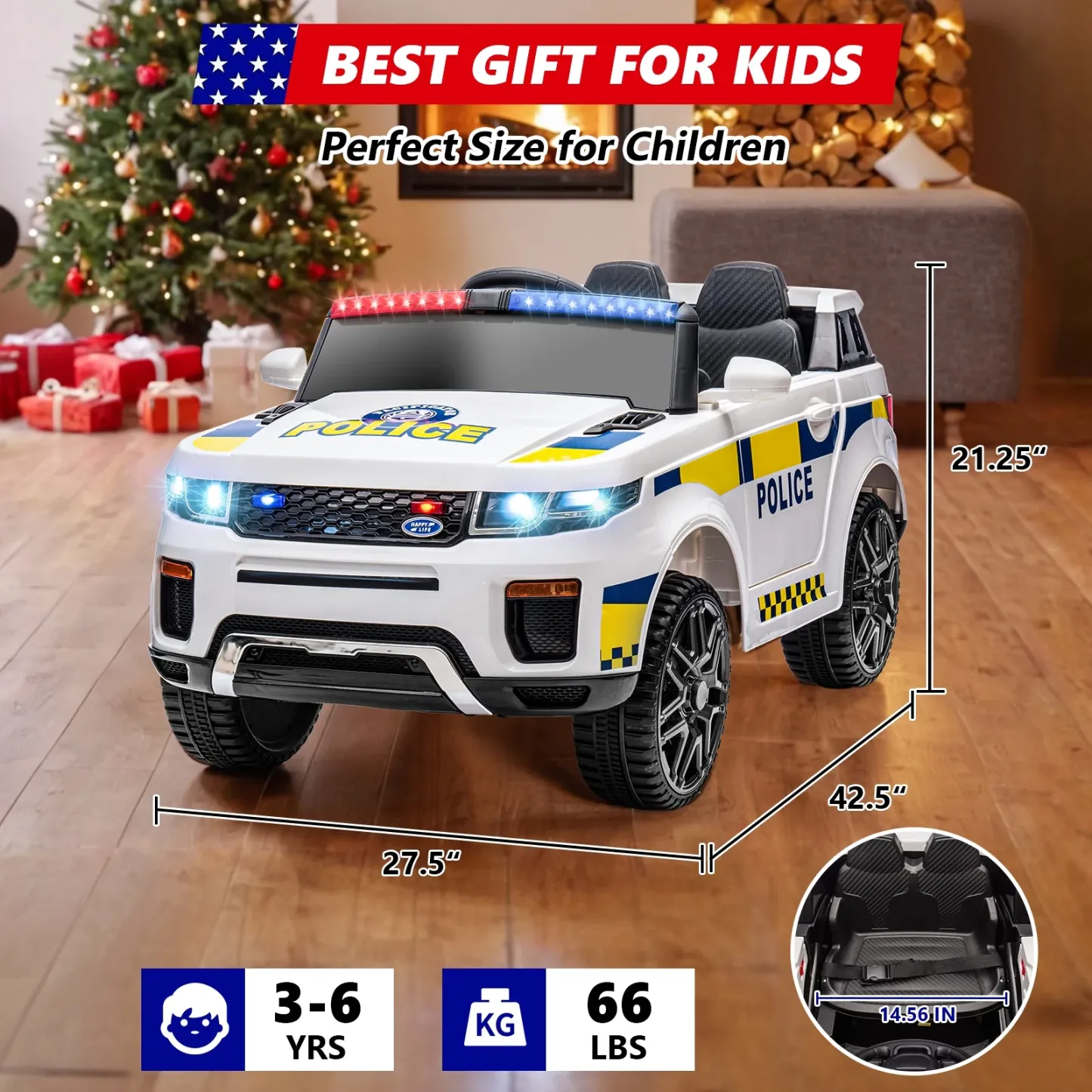 Funcid 12v Ride on Police Car Powered 2 Wheel Drive, Electric Ride on Toy for Kids 3-8 Years with Remote Control
