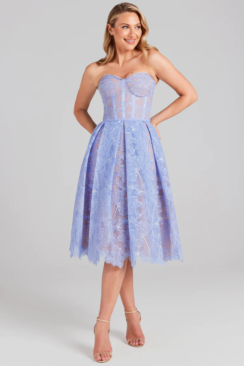 Wedding Guest Blue Strapless Embroidery Lace Pleated Tunic Midi Dress