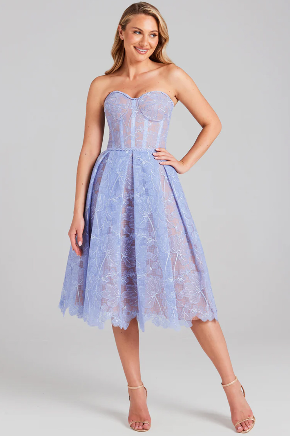 Wedding Guest Blue Strapless Embroidery Lace Pleated Tunic Midi Dress