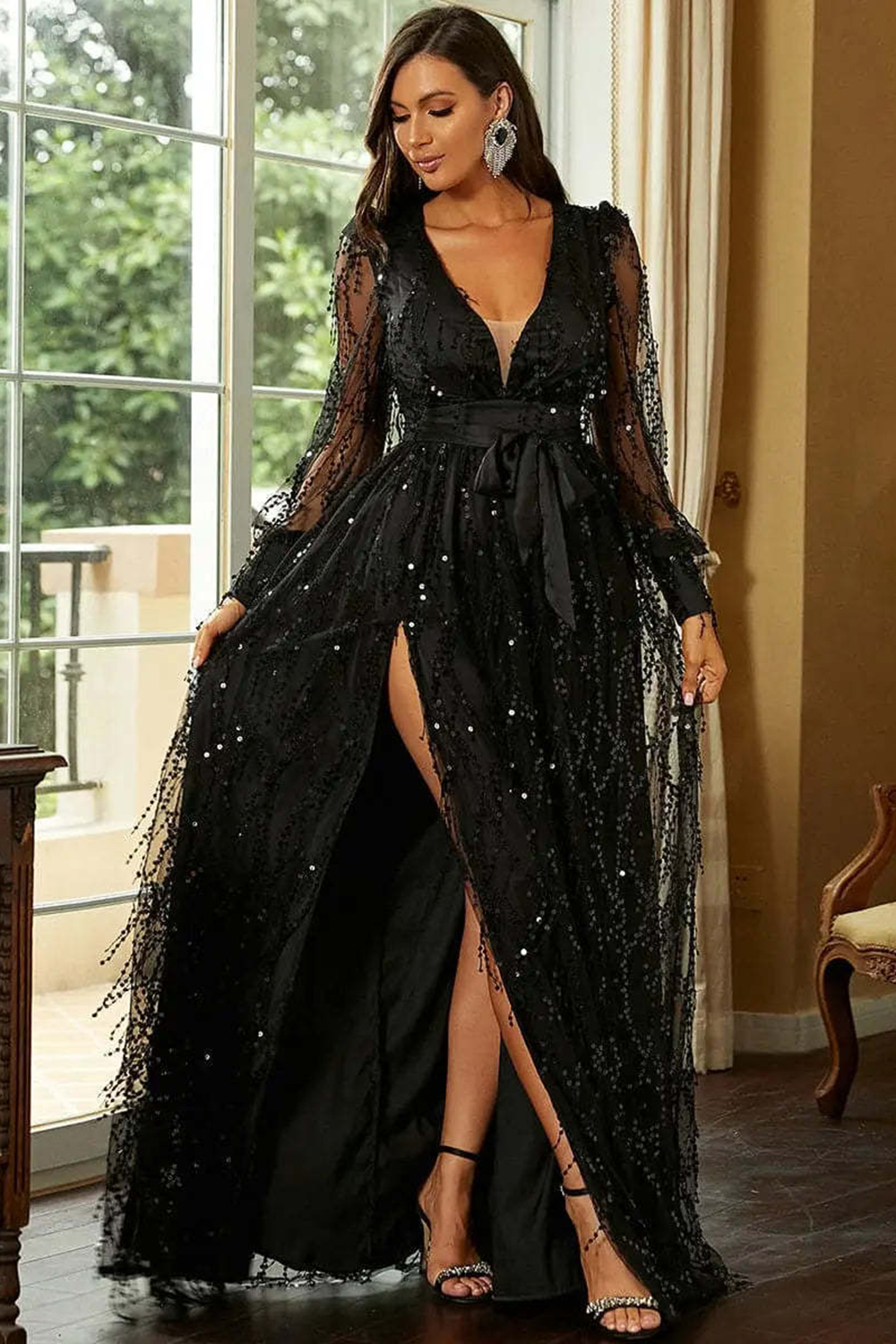 Party Black Sequin Fringed Long Sleeve Split Maxi Dress