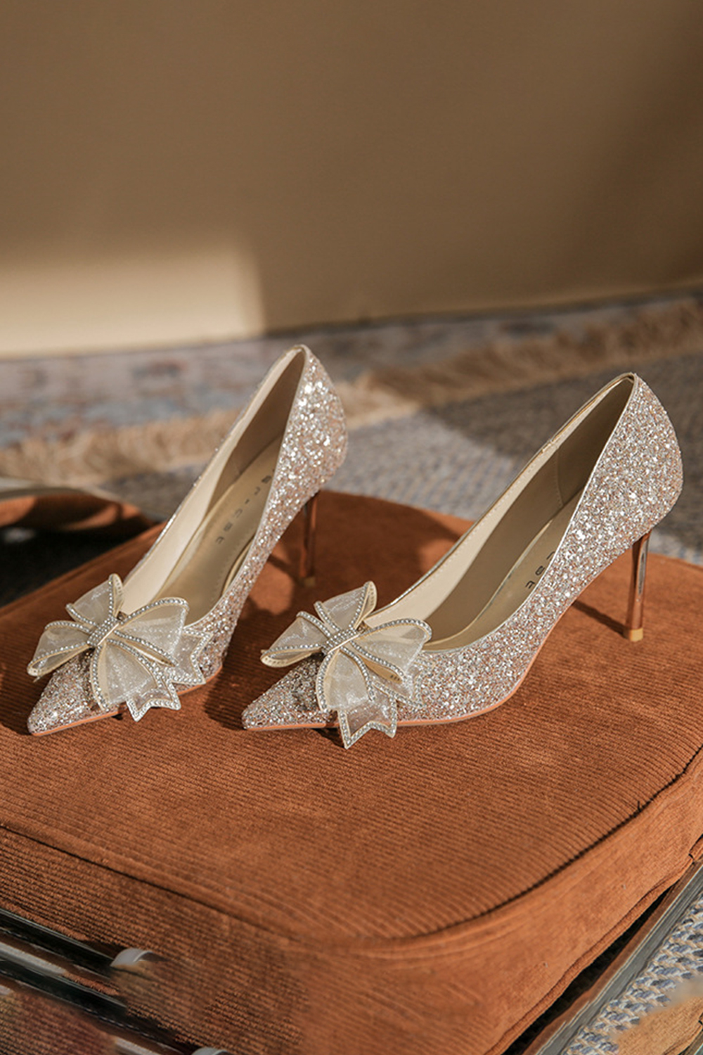 Wedding Gold Glitter Rhinestone Bow Pointed Toe High Heels Pumps