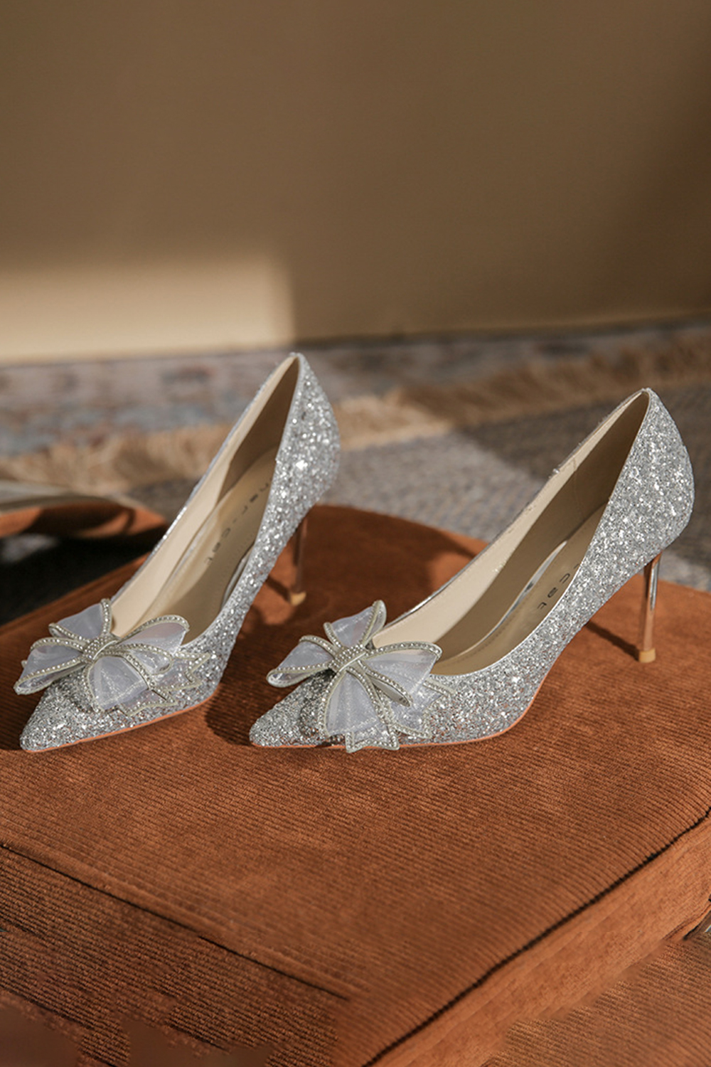 Wedding Gold Glitter Rhinestone Bow Pointed Toe High Heels Pumps