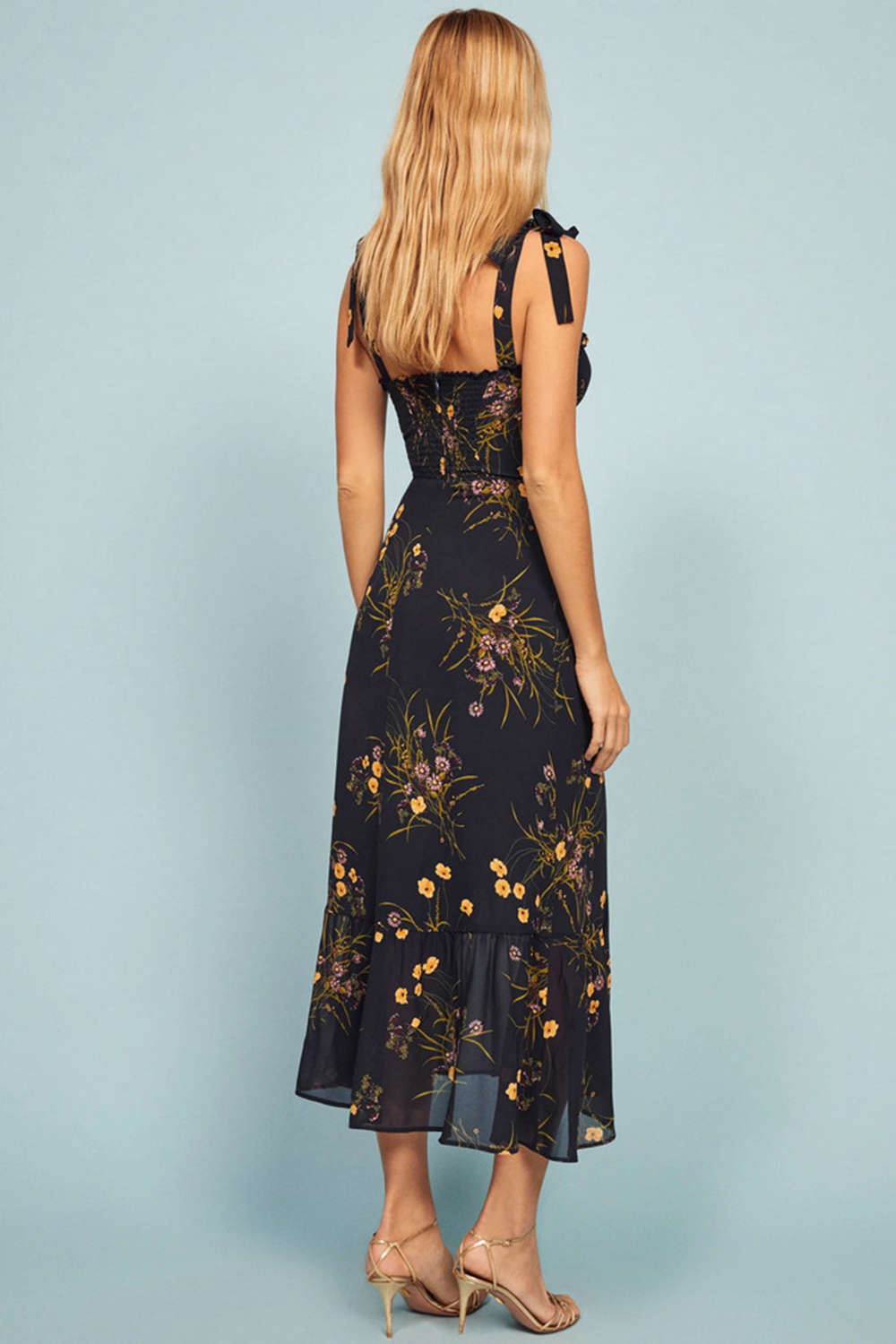 Romantic Date Black Sleeveless Ditsy Floral Print Midi Dress