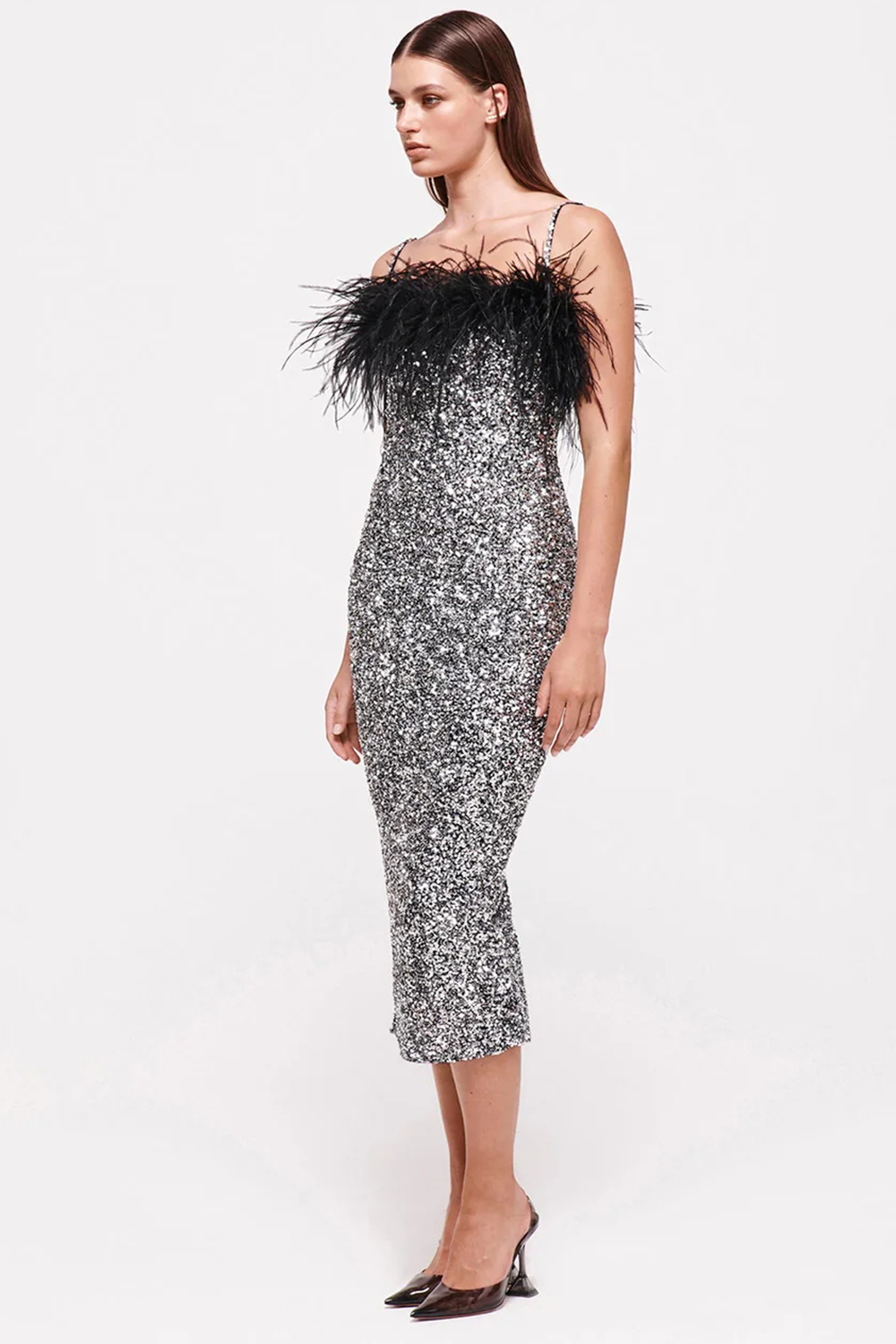 Party Black Sequins Feather Patchwork Cami Midi Dress