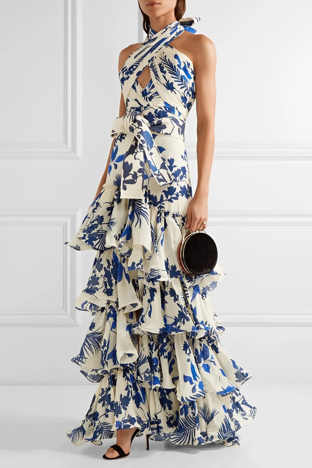 Holiday Blue Chiffon Floral Print Halter Neck Tiered Lace Up Maxi Dress