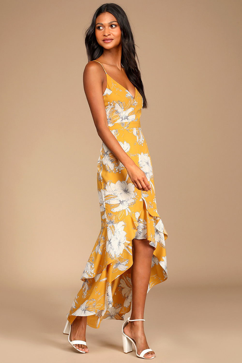Wedding Guest Yellow Asymmetric Hem Floral Print Sleeveless Maxi Dress