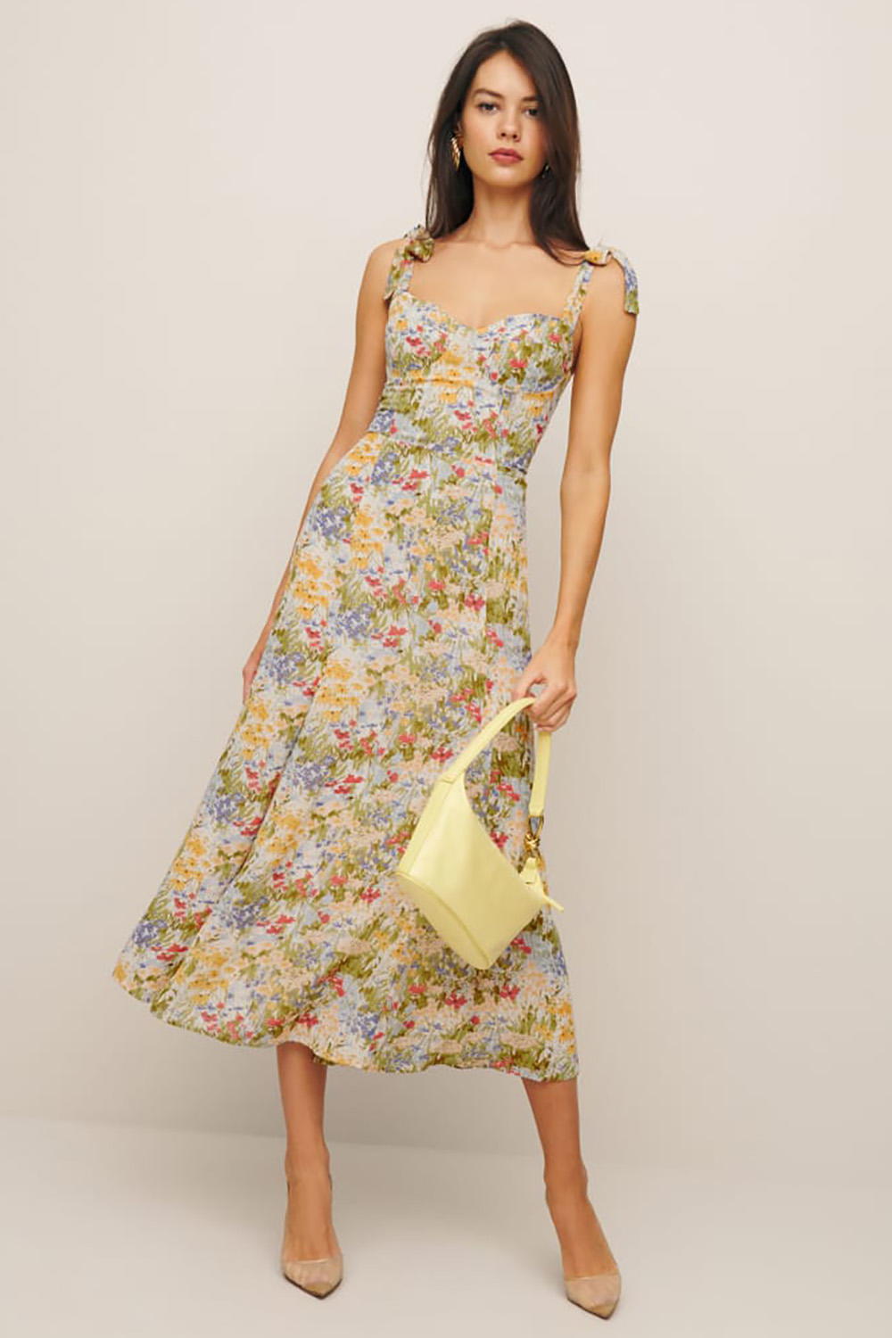Romantic Date Light Yellow Ditsy Print Sleeveless Lace Up Midi Dress