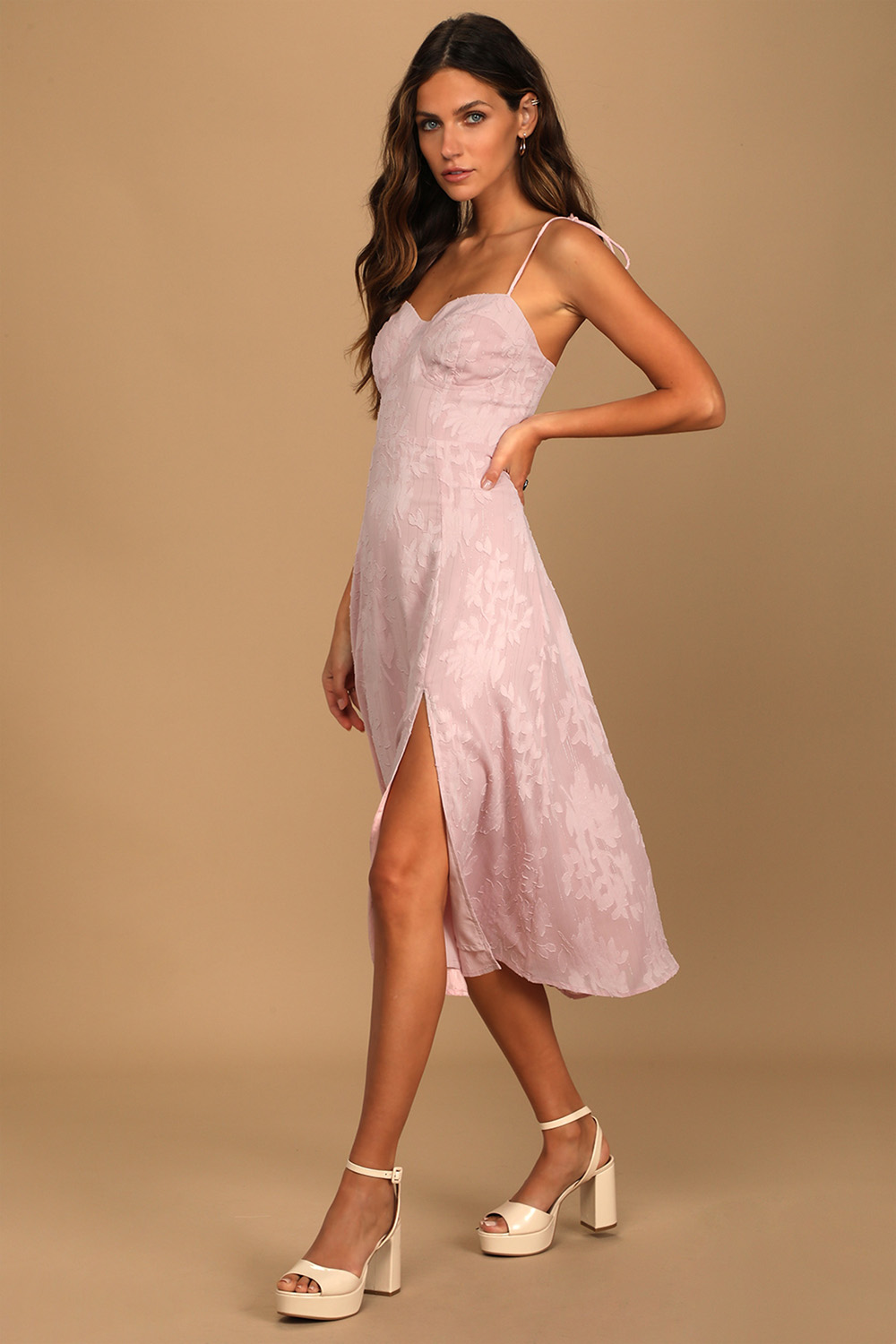 Romantic Date Pink Jacquard Split Sleeveless Midi Dress