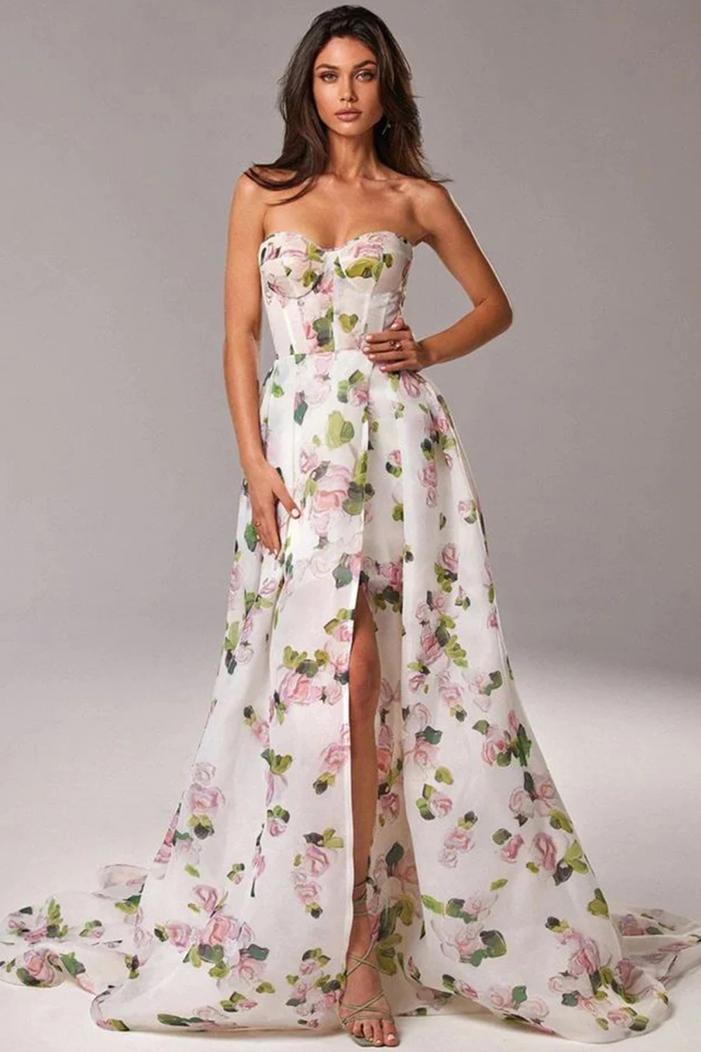 Prom Floral Strapless Lace Up Split Floor Length Maxi Dress
