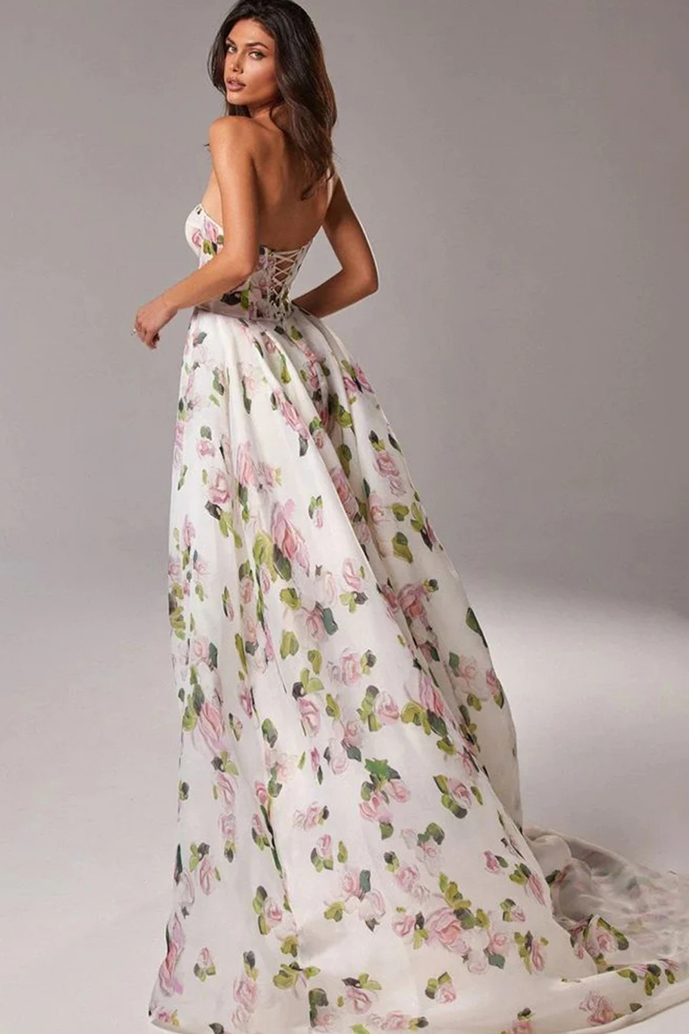 Prom Floral Strapless Lace Up Split Floor Length Maxi Dress
