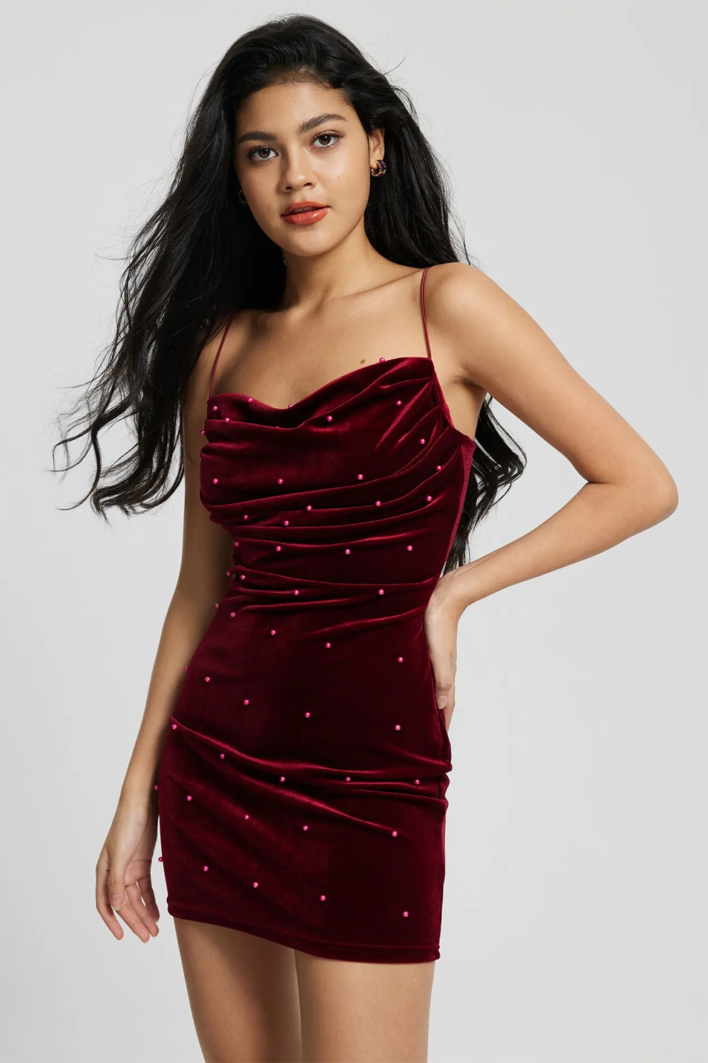 Cocktail Party Red Pearls Velvet Bodycon Mini Dress