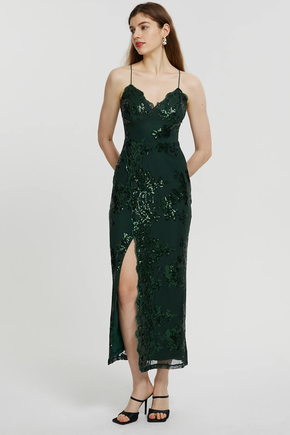 Party Dark Green Split Embroidery Backless Cami Maxi Dress