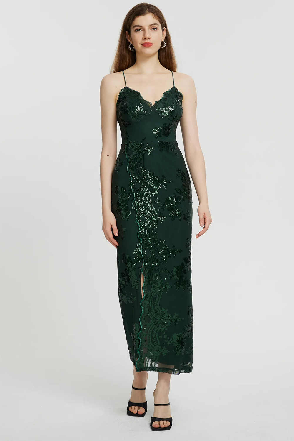 Party Dark Green Split Embroidery Backless Cami Maxi Dress