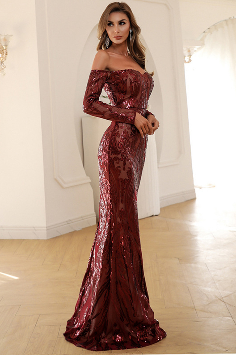 Formal Gold Off The Shoulder Long Sleeve Sparkly Maxi Dress