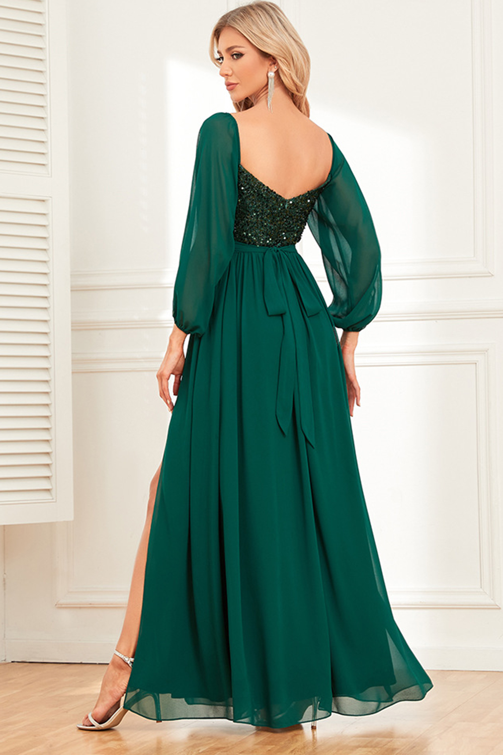 Formal Dark Green Off The Shoulder Sequins Splicing Chiffon Split Maxi Dress