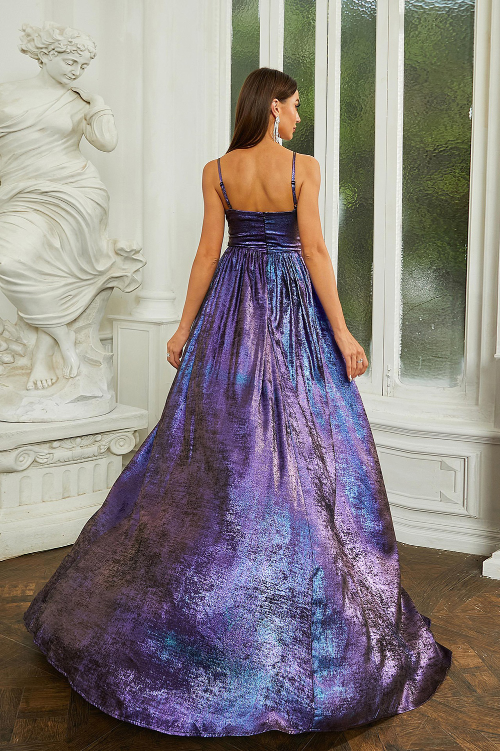 Formal Purple Glitter Fabric V Neck Split Maxi Dress