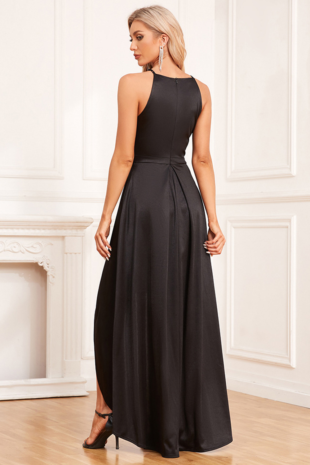 Wedding Guest Black Pockets Sleeveless Irregular Hem Maxi Dress