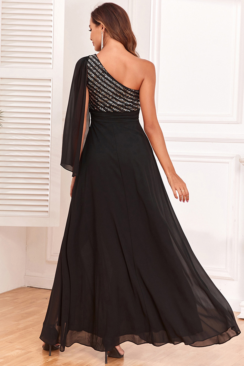 Formal Black Sparkly Sequins Stitching Mesh Oblique Collar Split Maxi Dress