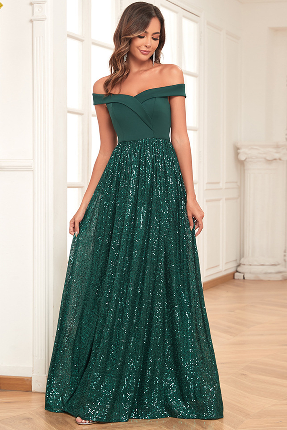 Wedding Guest Dark Green Off The Shoulder Sequin Patchwork Pleated Maxi Dress
