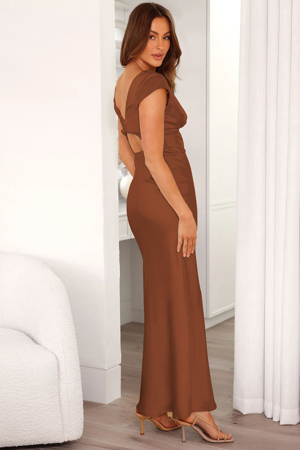 Wedding Guest Coffee Satin Solid V Neck Back Hollow Out Maxi Dress