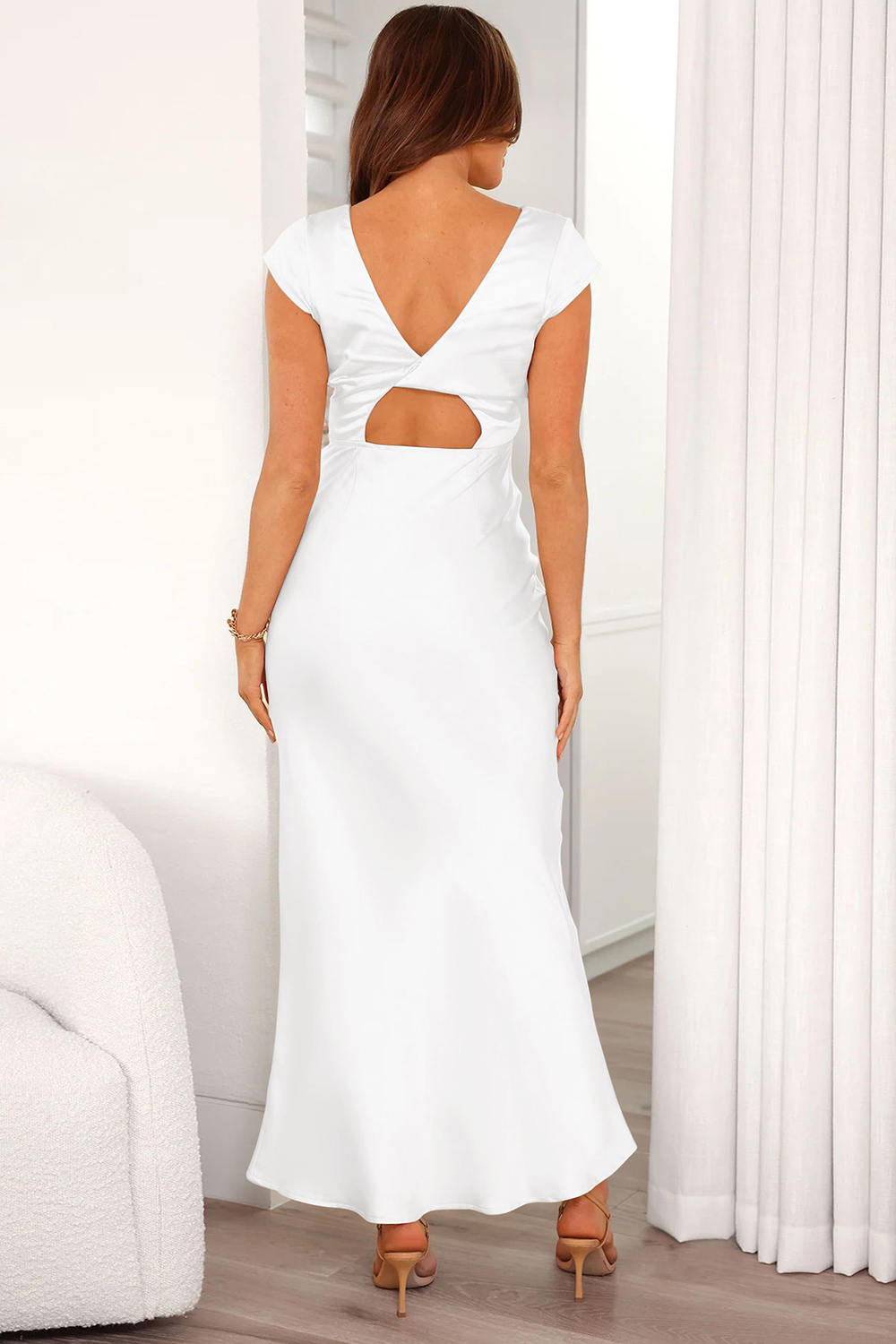 Wedding Guest Coffee Satin Solid V Neck Back Hollow Out Maxi Dress