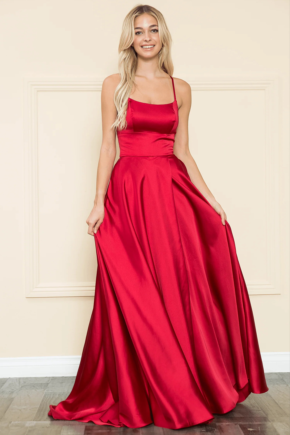 Wedding Guest Red Satin Solid Pockets Lace Up Split Maxi Dress