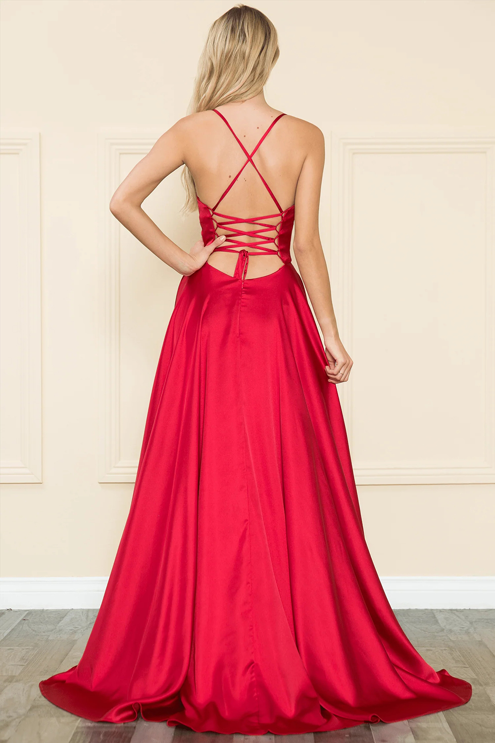 Wedding Guest Red Satin Solid Pockets Lace Up Split Maxi Dress