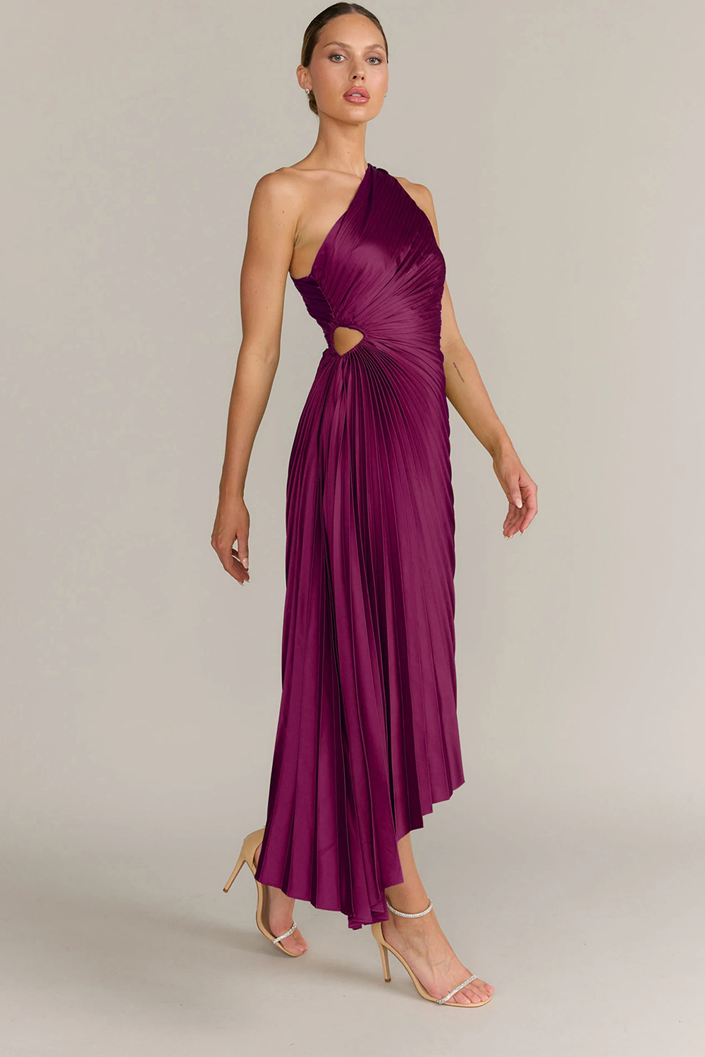 Wedding Guest Dark Purple Satin Skew Neck Cutout Pleated Midi Dress