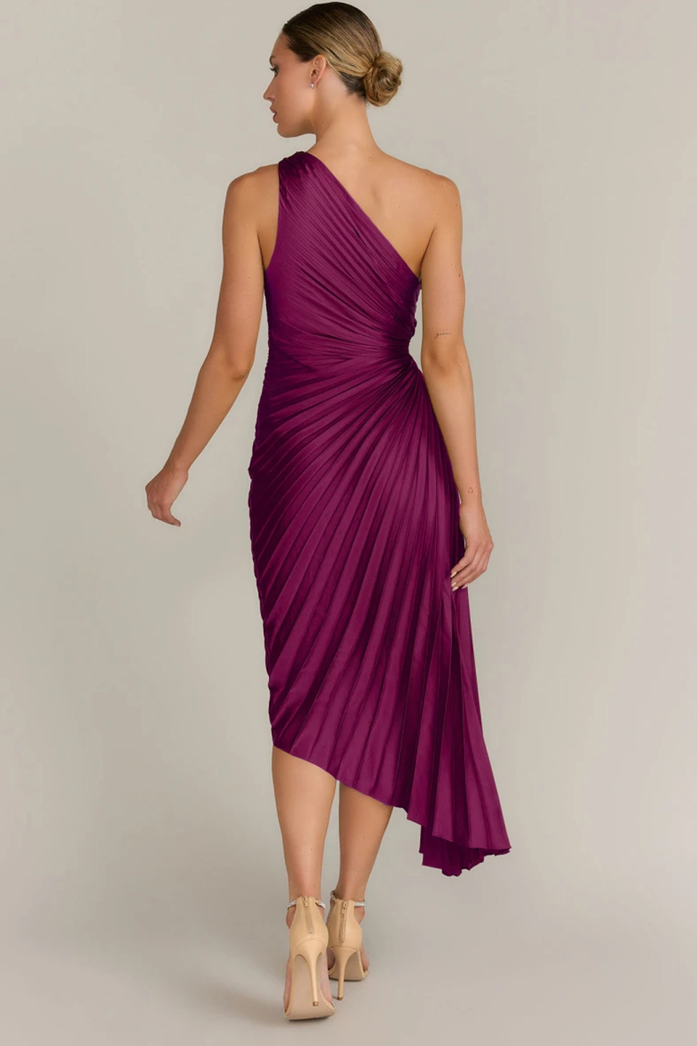 Wedding Guest Dark Purple Satin Skew Neck Cutout Pleated Midi Dress
