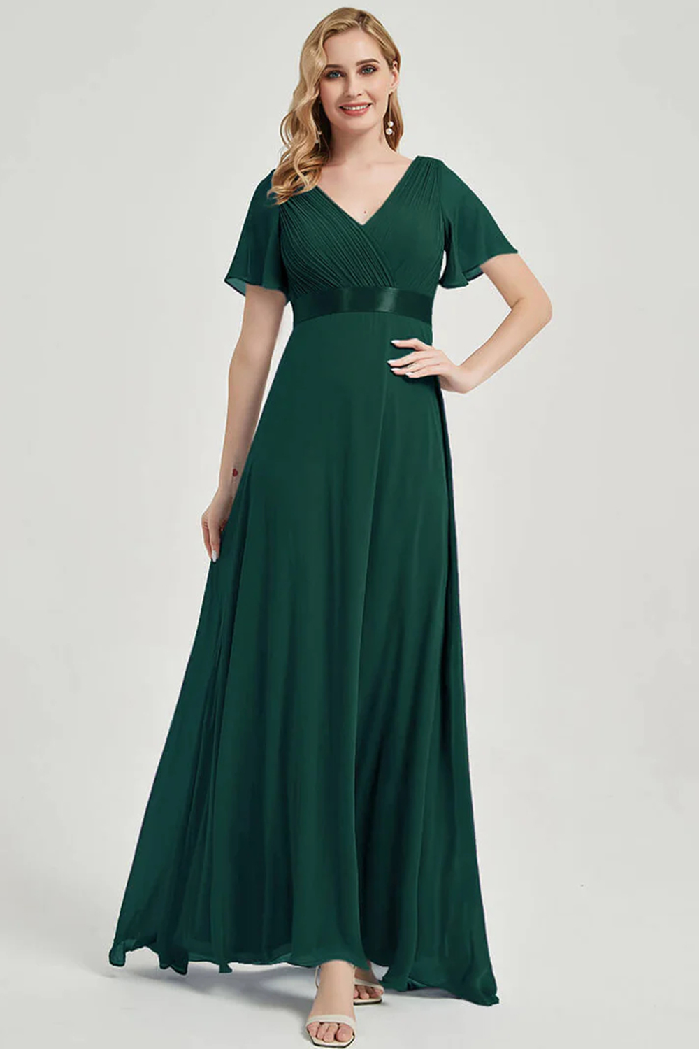 Mother of the Bride Green V Neck Ruffle Sleeve Pleated Maxi Dress