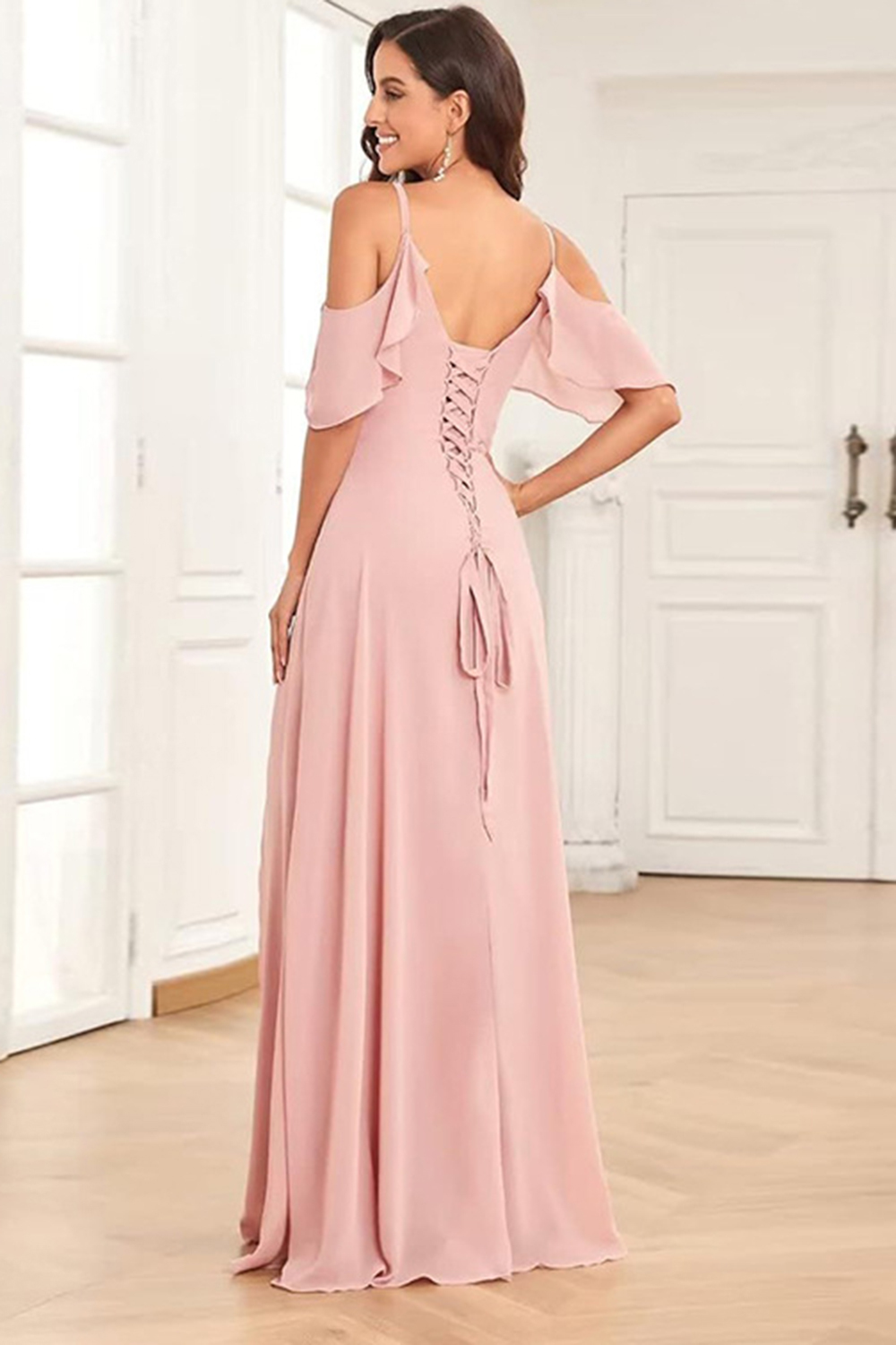 Party Pink Chiffon Cold Shoulder V Neck Ruffle Pleated Split Maxi Dress