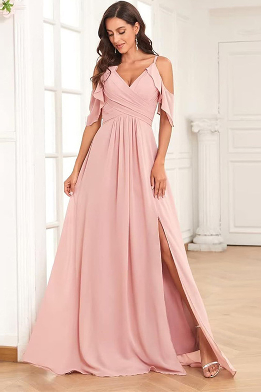 Party Pink Chiffon Cold Shoulder V Neck Ruffle Pleated Split Maxi Dress