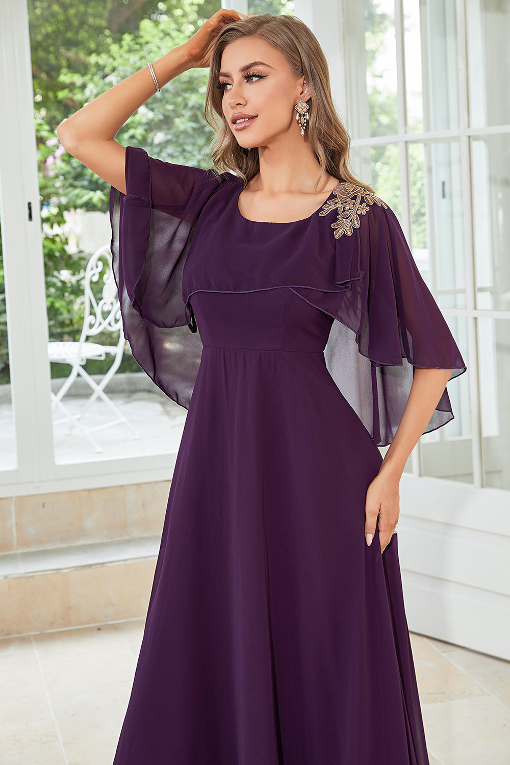 Wedding Guest Purple Chiffon Cape Sleeve Double Layered Maxi Dress