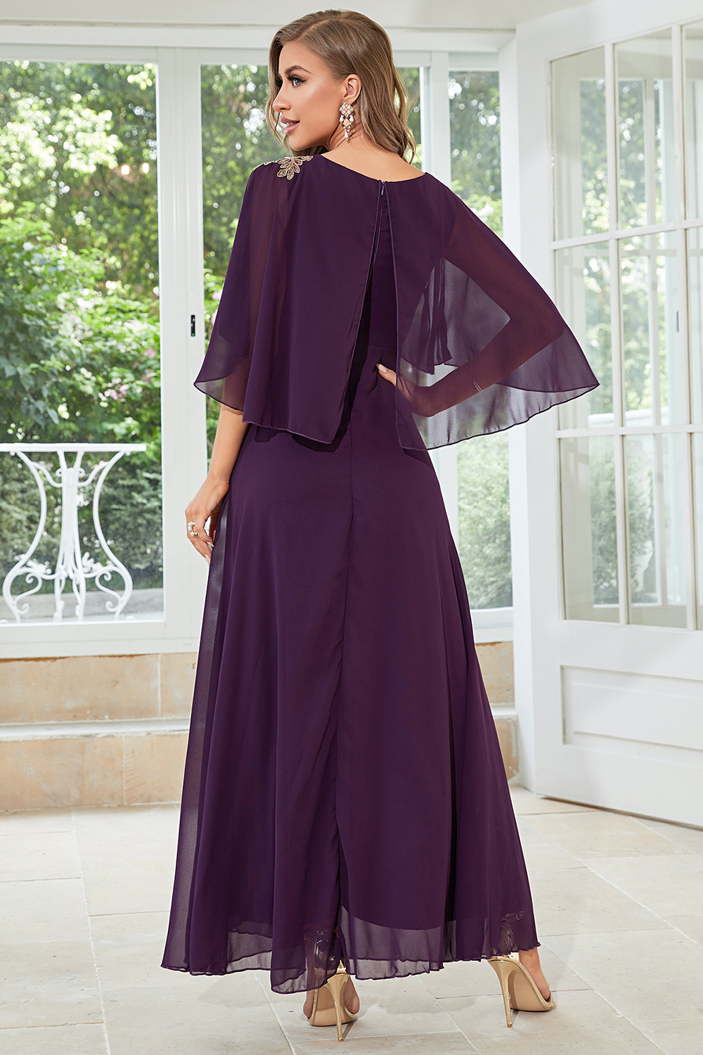 Wedding Guest Purple Chiffon Cape Sleeve Double Layered Maxi Dress