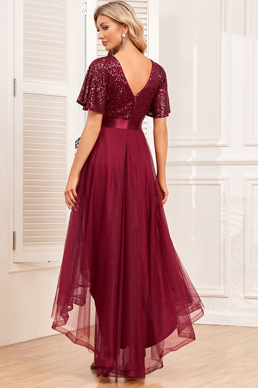 Prom Burgundy V Neck Tulle Sequin Patchwork Ruffle Sleeve Irregular Hem Maxi Dress